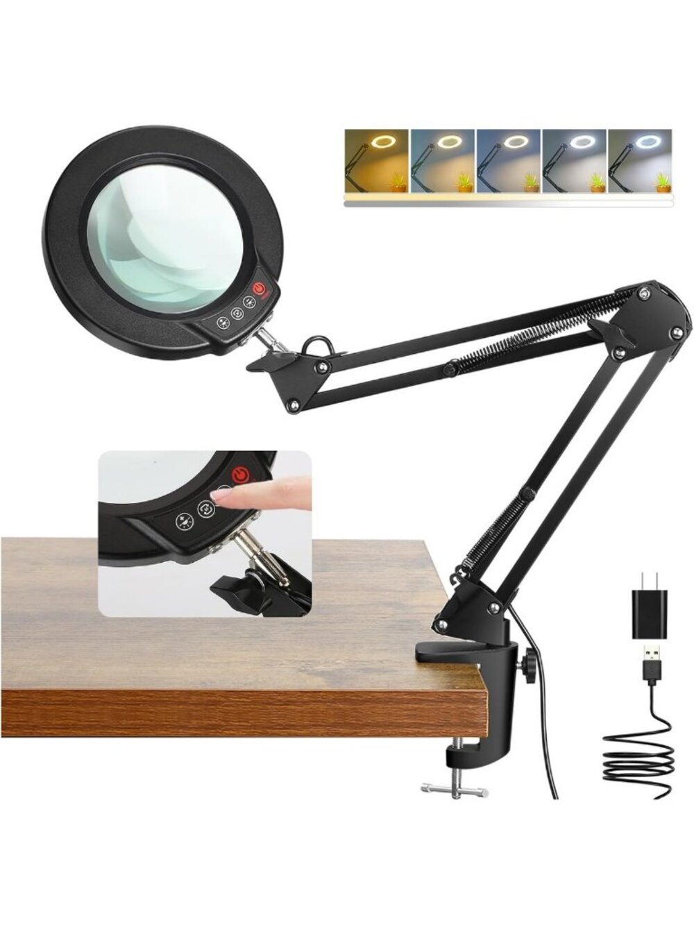 Lighted Magnifying Glass with Clamp - 10X Real Glass, Dimmable LED for Crafts